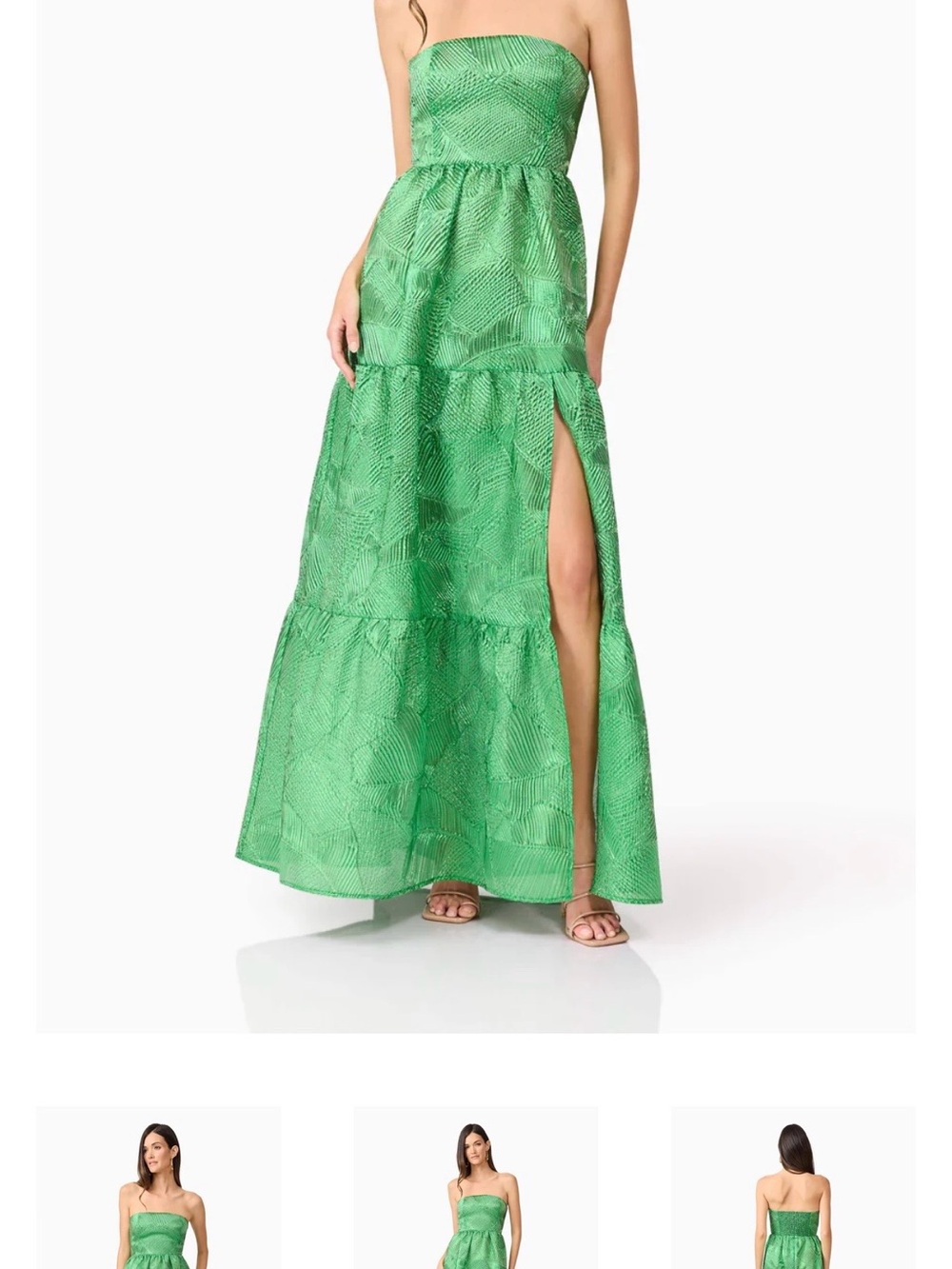 Elliatt Green Strapless Tiered Maxi Dress with Side Slit